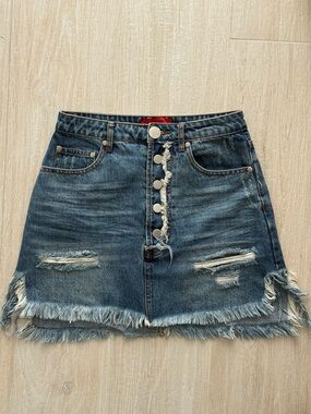 Denim Distressed Button-Front High Waisted Mini Skirt - Blue